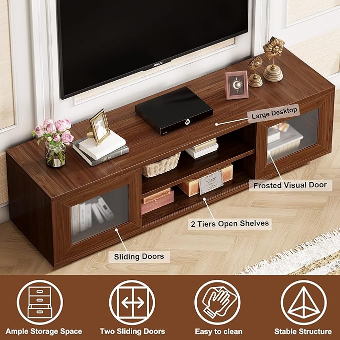 HSH Walnut TV Stand for 60 Inch TVsEntertainment Center with Storage and Sliding DoorsFarmhouse Low Tv Stand Wood for Living RoomMedia Console Cabinet for Bedroom55 Inch