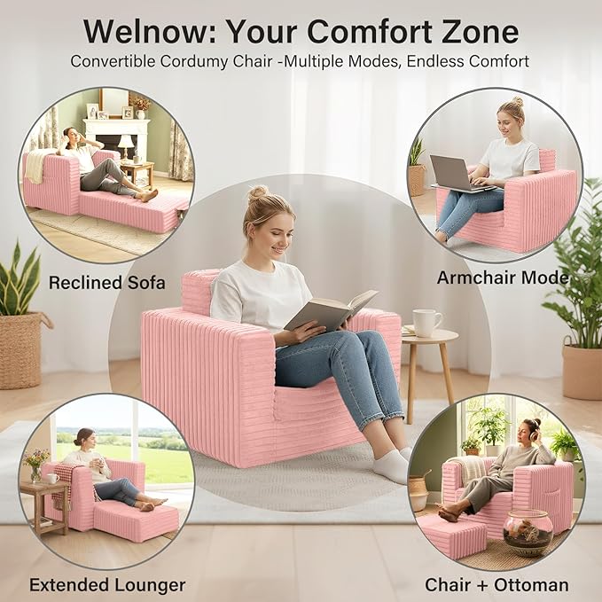 Welnow Folding Sofa Bed with Ottoman Convertible 2-in-1 Boneless Couch Futon Lounge Chair Bed for Adults Comfy Fold Out Sleeper Sofa for Small Spaces Living Room Bedroom or Dorm Pink