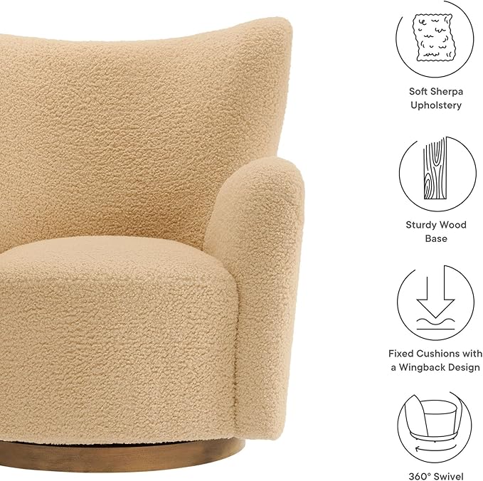 Modway Montrose Swivel Wingback Accent Chair in Ivory Walnut Sherpa Teddy Fabric – Modern Furry Barrel Chair with 360-Degree Swivel Base – Soft and Comfy Living Room Chair