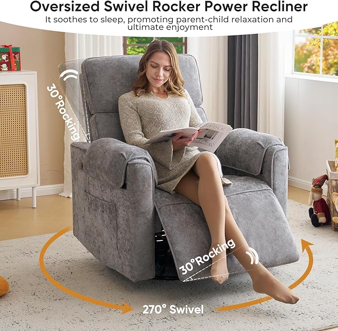Oversized Power Recliner Chair 26 Extra Wide Swivel Rocker Recliner with Adjustable Headrest Chenille Glider Rocking Nursery Chair with Overstuffed Armrest USB Ports Grey