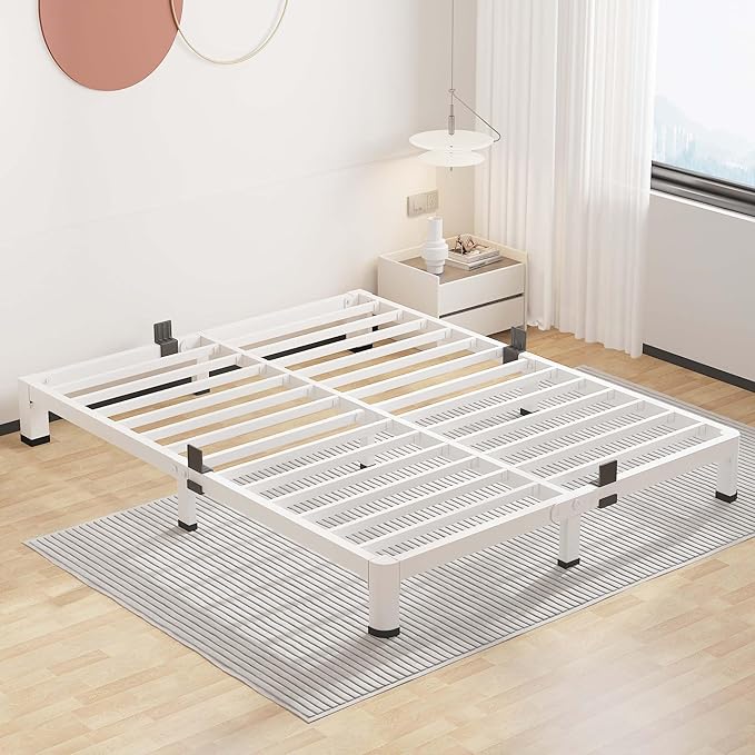 ROIL 4 Inch White Queen Bed Frame with Rounded Corner and Mattress Retainers 3500LBS Heavy Duty Steel Slats No Box Spring Needed Platform Noise-Free Easy Assembly