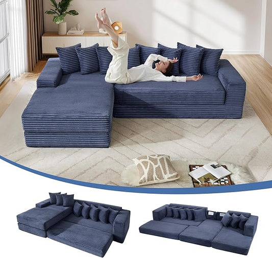 110'' Oversize Cloud Sectional Couches for Living Room Convertible Sleeper Sofa Bed Big Comfy Couch with 2 Side Pockets &amp 8 Pillows Corduroy Free-Combined (Blue 110 -Left Facing Chaise)