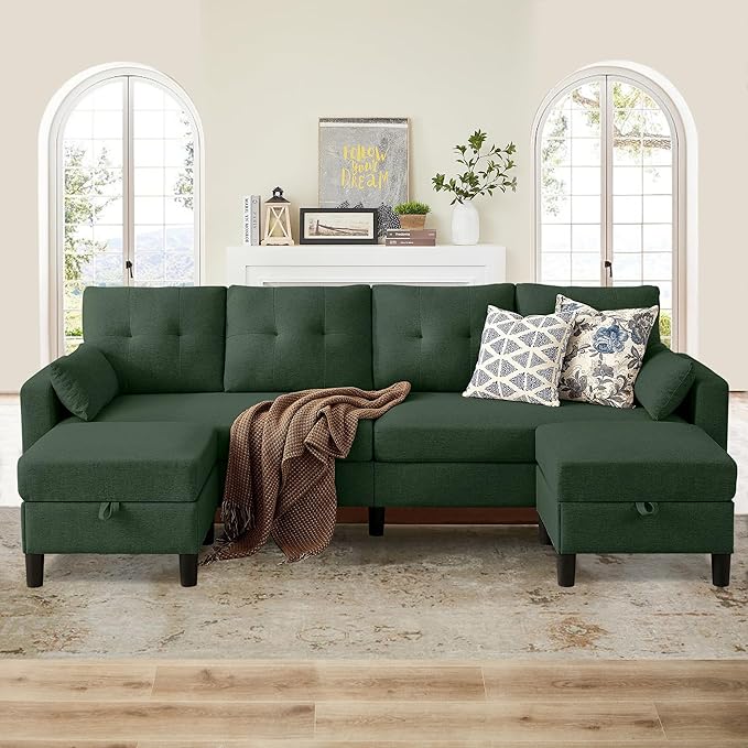 Sectional U Shape Sofa with Storage 100 U Shaped 4 Seater Couch with 2 Movable Ottoman Chaises Polyester Fibre for Living Room Green