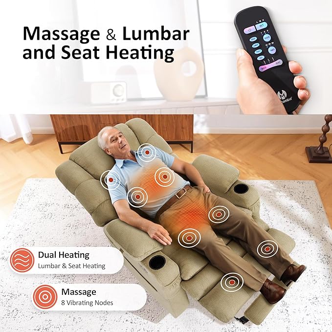 MCombo Oversized Triple Motor Power Lift Recliner Chair with Massage and Dual Heating Adjustable Headrest for Big and Tall Elderly People Fabric R7635 (Beige Large-Oversize)