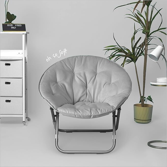 Urban Living Micromink Foldable Saucer Chair Compact Portable Lounge Seat Lightweight Comfortable Indoor Outdoor Relaxation Furniture Ergonomic Design Home Dorm Room Chair Grey