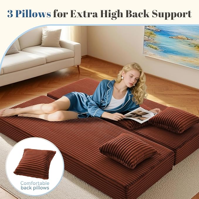 Convertible Sofa Bed5-in-1FoldIing Couch Bed with Removable ArmrestsModular Futon Sleeper Sofa in Box with Pull Out BedsCompression Boneless Couch for Living RoomOrange