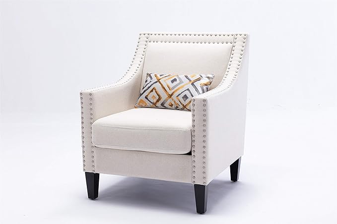 Accent Armchair Living Room Chair with Nailheads and Solid Wood Legs Beige Linen