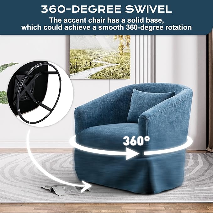Swivel Accent Chair Comfy Modern Swivel Barrel Chair with Skirt Thick Cushion 360°Upholstered Chenille Small Single Sofa Club Armchair for Living Room Bedroom Nursery Lounge Blue