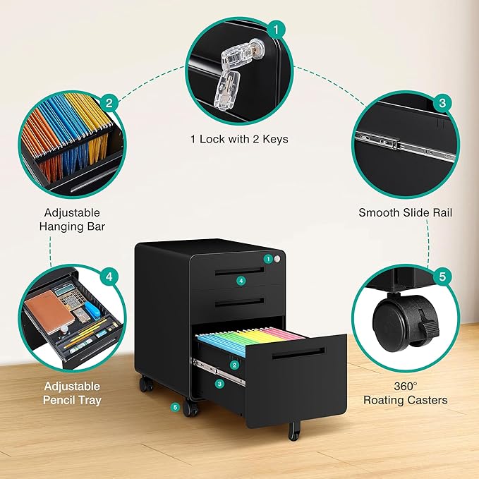 SISESOL 3 Drawer File Cabinet with LockRolling File CabinetsUnder Desk File CabinetThree Drawer Filing Cabinet for Home Office with WheelsFit A4/Letter/Legal FileFully Assembled Except Casters