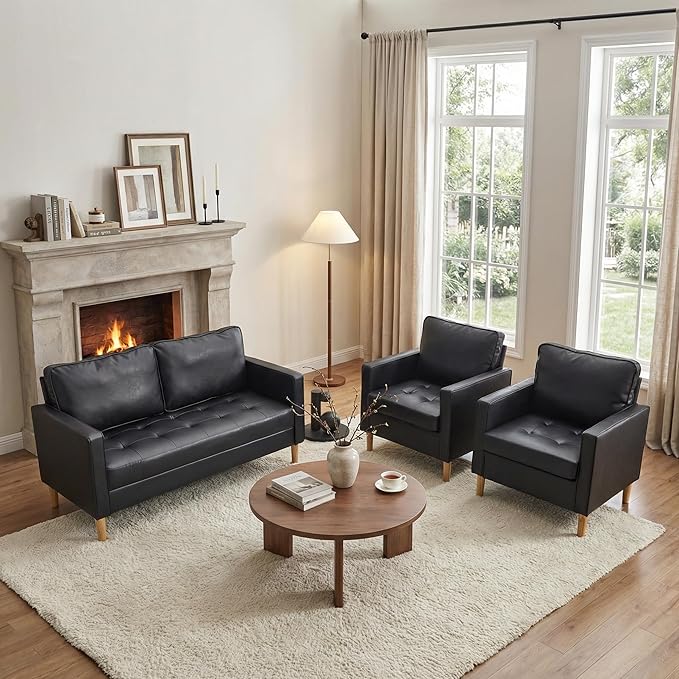 TYBOATLE Accent Chairs Set of 2 Black Leather Chair with Tufted Seat &amp Wood Legs Mid-Century Modern Living Room Chair Upholstered Comfy Reading Chair Armchair for Bedroom Waiting Room Office