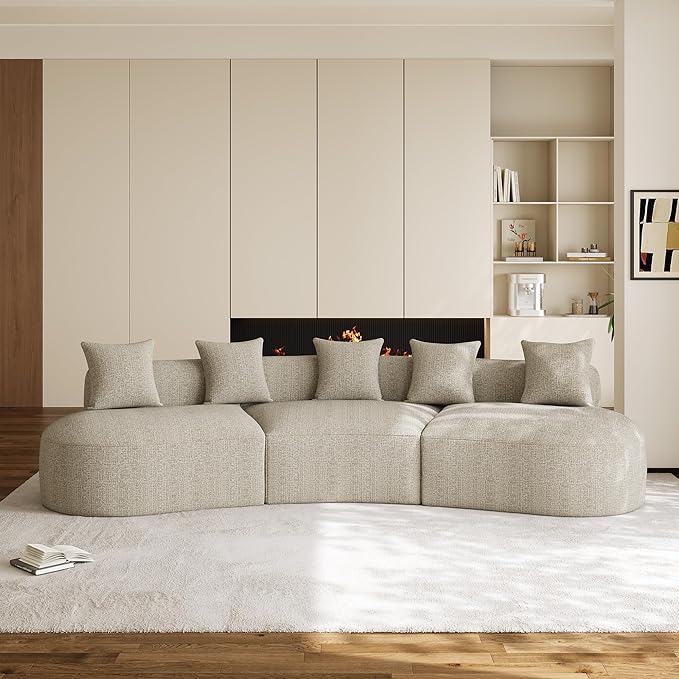 134 Oversized Sectional Sofa for Living Room Modern Luxury Plush Chenille 4-Seater Extra Deep &amp Wide Seat Curved Cloud Couch with 5 Throw Pillows No Assembly Needed Light Brown