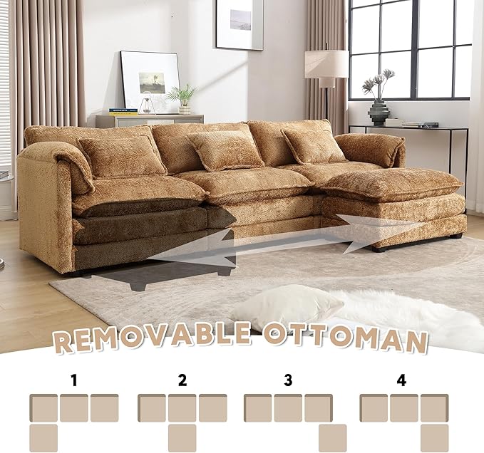 L Shaped Sectional Sofa Cloud Couch for Living Room 112 Chenille Comfy Boucle Modular Sleeper Sofa Modern Upholstery Sofas with Ottoman &amp Memory Foam Brown