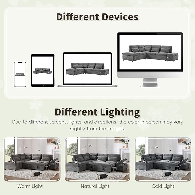 Modular Sectional Sleeper Sofa Bed 107'' Pull Out Bed Sectional Sofa with Free Movement Storage Ottoman L-Shape with Wide Seats Oversized Chenille Sofa for Living Room (Grey/512)