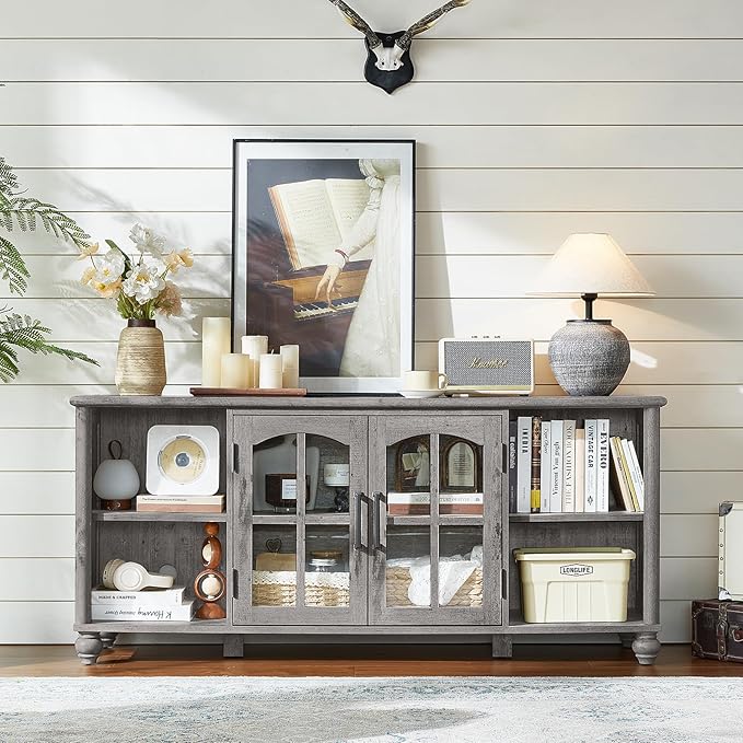 Farmhouse TV Stand for 60 Inch TV Wood Entertainment Center with Adjustable Shelves &amp Glass Door Storage CabinetTelevision Stands for 65 TVSTV Console Table for Living RoomBedroomGrey