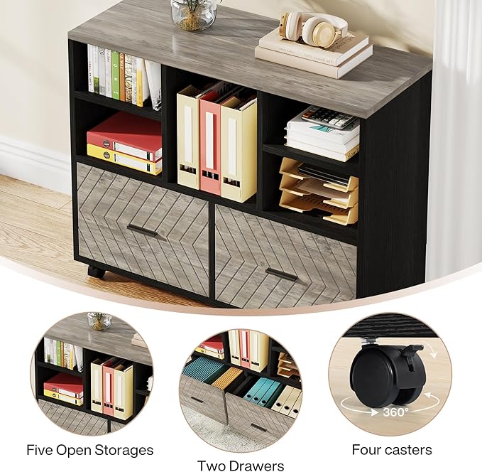 Tribesigns L-Shaped Executive Desk with Reversible File Cabinet 63 Office Desk with Storage Drawers L-Shaped Computer Desk with Drawer Cabinet for Hanging Letter Size Files (Gray &amp Black)