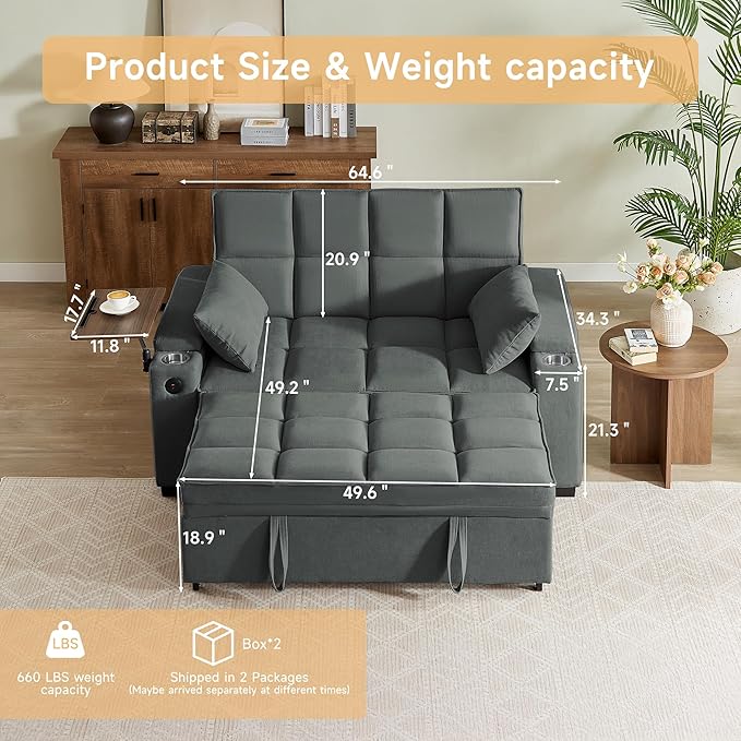 65 Sleeper Sofa Bed Loveseat Convertible Couch for Living Room RV Sofa with Adjustable Backrest Chaise Lounge Side Table USB &amp Type-C Ports