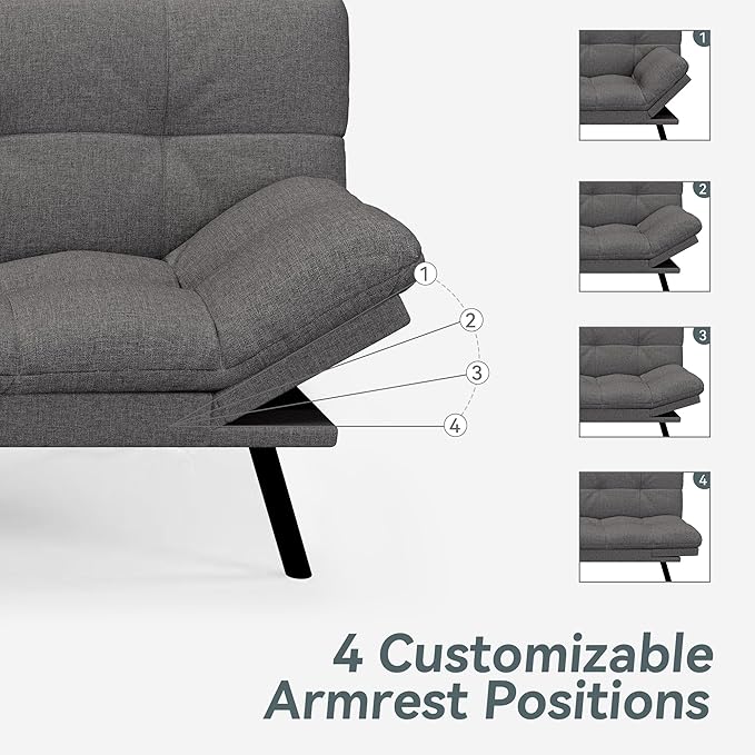Futon Sofa Bed Convertible Couch Grey Linen Sofa Bed with Memory Foam Adjustable Backrest &amp Armrests Multifunctional Small Loveseat Sleeper Sofa for Living Room Apartment Office