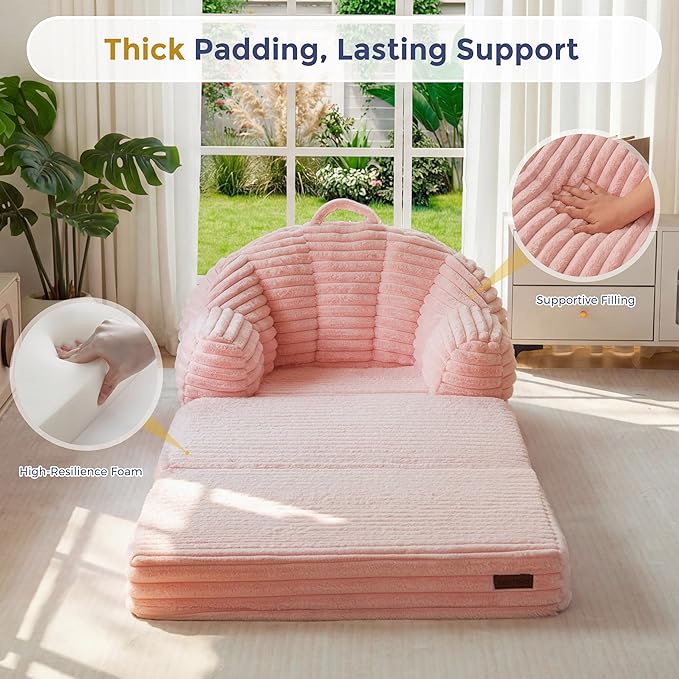 MAXYOYO Folding Sofa Bed 2 in 1 Convertible Sofa to Lounger Comfy Faux Fur Bean Bag Chair for Adults Floor Single Sleeper Couch Chair with Handle Couch Bed for Living Room Bedroom Pink