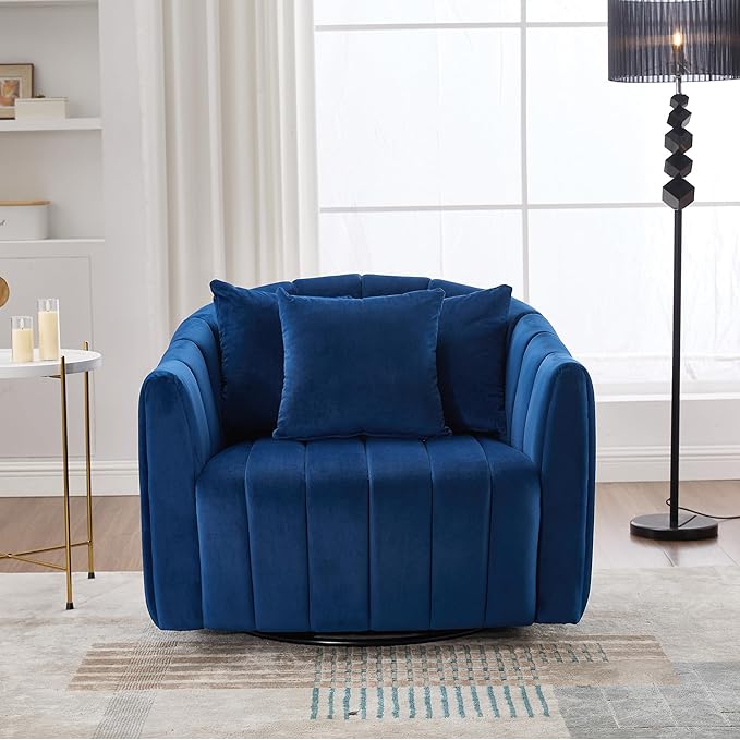 360° Swivel Barrel Chair with Curved Backrest 40 W Velvet Armchair with 3 Soft Pillows Accent Lounge Chair with Channel Tufted Design for Living Room Bedroom Studio Navy