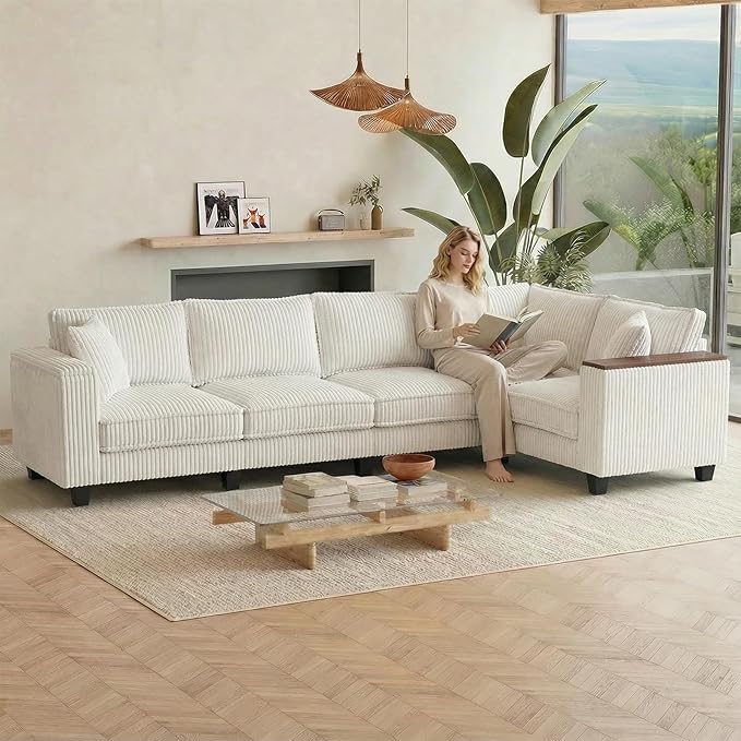 Corduroy Couch Sectional with 2 Pillows Oversized Corduroy Sofa L Shaped Couch Armrests with Two Hidden Storage Space Sectional Couches for Living Room Beige