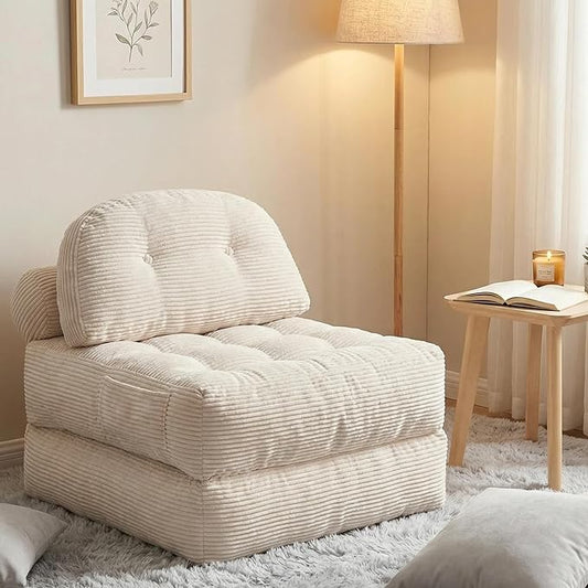 Folding Sofa Bed Convertible Sleeper Chair with Pillow Foldable Mattress with Back Support Portable Fold Out Chair Bed Comfy Floor Sofa Lounge for Living Room Bedroom (Beige)