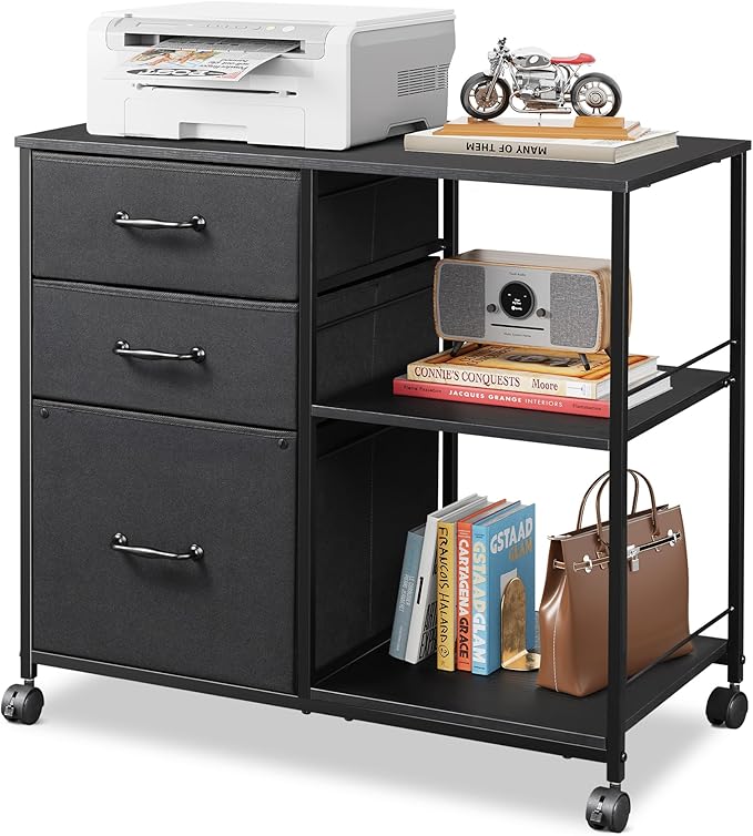 DEVAISE 3 Drawer Mobile File Cabinet Rolling Printer Stand with Open Storage Shelf Fabric Lateral Filing Cabinet fits A4 or Letter Size for Home Office Black