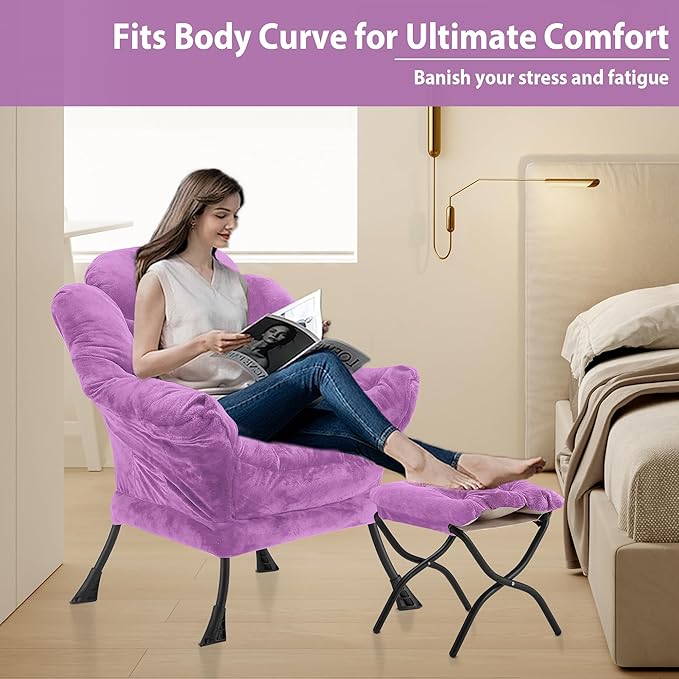 Lazy Chair with Folding Ottoman Accent Chair Plush Upholstered with Metal Structure and Non-Slip Pads Sofa Armchair with Footrest and Side Storage Bag for Dorm Room Office Purple