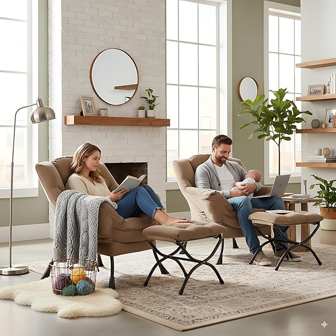 LITA Lazy Chair with Ottoman Modern Accent Leisure Upholstered Sofa Chair Contemporary Lounge Reading Chairs with Armrests and a Side Pocket for Living Room Bedroom &amp Small Space Dark Brown