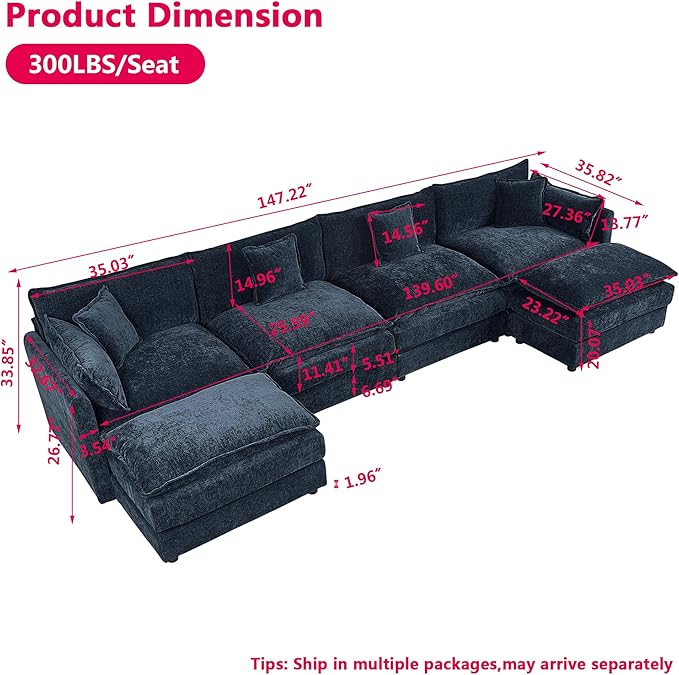 Aoowow Modular Sectional Sofa Modern Convertible U Shaped Couch147.2 Inch Deep 4-Seater Sofas Set Comfy Chenille Cloud Sofas and Couches with Movable Ottoman for Living Room Apartment（Blue）