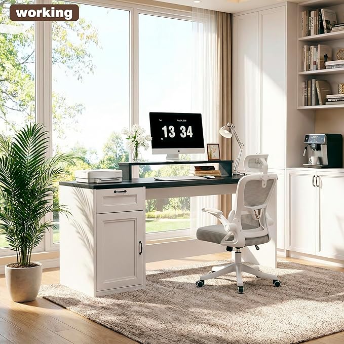 63 Farmhouse Executive Desk with Drawers Modern Computer Desk with Power Outlets Office Writing Desk with Monitor Stand &amp Storage Cabinet Printer Shelf Antique White