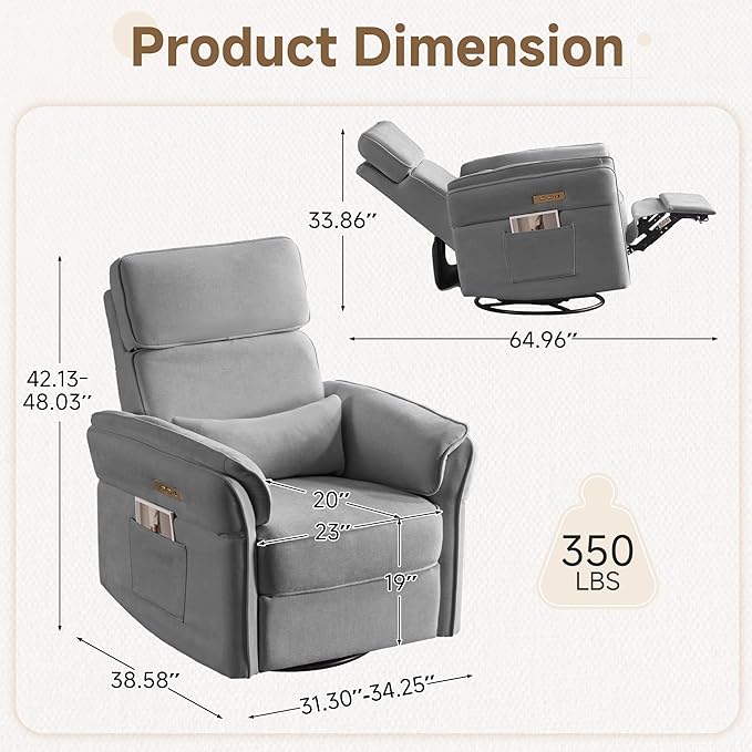 MELLCOM Power Recliner Rocking Chair Nursery Gliders with Adjustable Armrests and Headrest Swivel Electric Glider Reclining Nursing Chair with USB Port and Storage Bags FSC Certified
