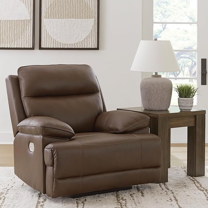 Signature Design by Ashley VonRyan Modern Leather Upholstered Power Recliner with Adjustable Headrest and USB Port Dark Brown