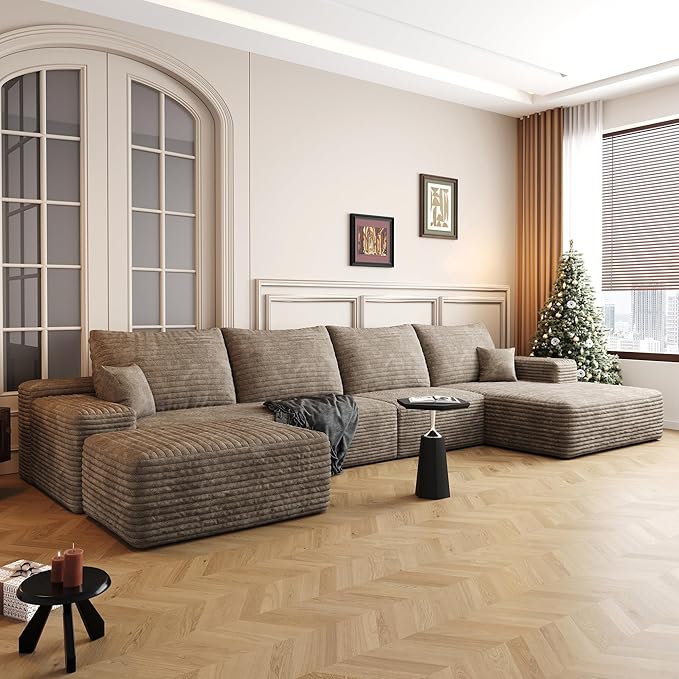 135 U Shaped Boneless Couch with Ottoman Convertible Sleeper Compression Sofa Corduroy Couch Sectional for Living Room Bedroom Deep Seat Foam Cloud Sofas No Assembly Right Facing Chaise Camel