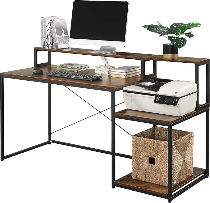 Home Office Computer Desk with Storage Shelves and Monitor Stand Riser Shelf Study Writing Desk Computer Table (Old SKU: WF198006AAT)