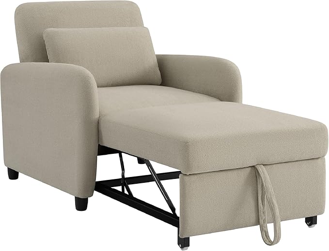 CHITA Sleeper Chair 3-in-1 Pull Out Convertible Single Sofa Bed with Adjustable Backrest Chenille Chaise Lounge Chair for Living Room Bedroom &amp Apartment Stone