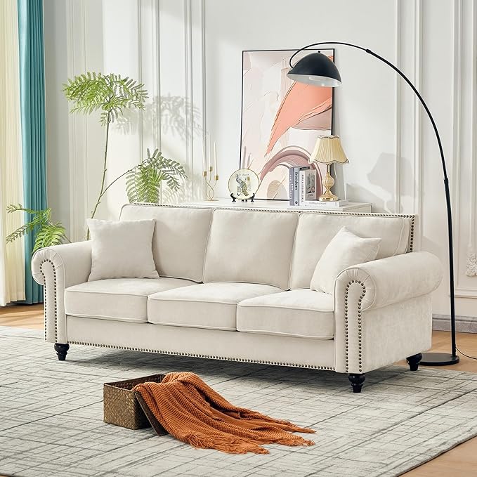 KEIKI 87 Oversized Chenille Sofa with Rolled Arms and Nailhead Trim Upholstered Modern Style 3-Seater Couch with High-Density Foam Cushions Easy Assembly for Apartment Living Room Beige