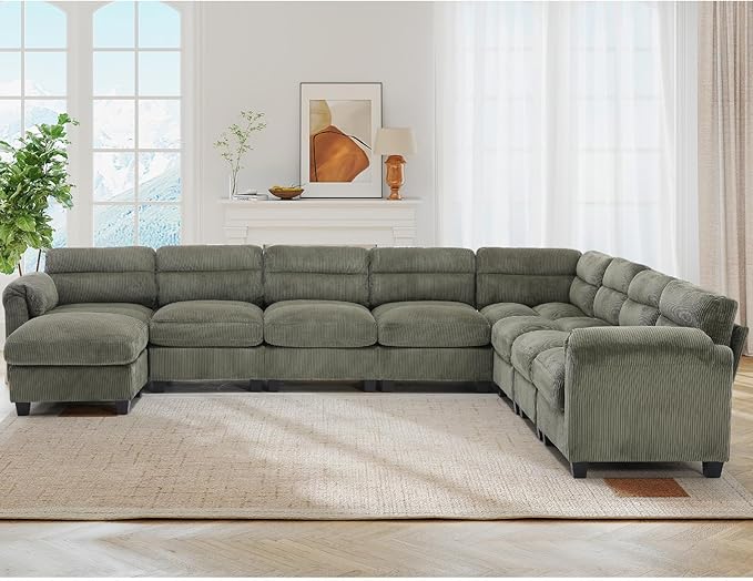 135” Modular Sectional L Shaped Corner Sofa with Movable Ottoman Corduroy 9-Seater Couches with Thick Cushion for Living Room Green