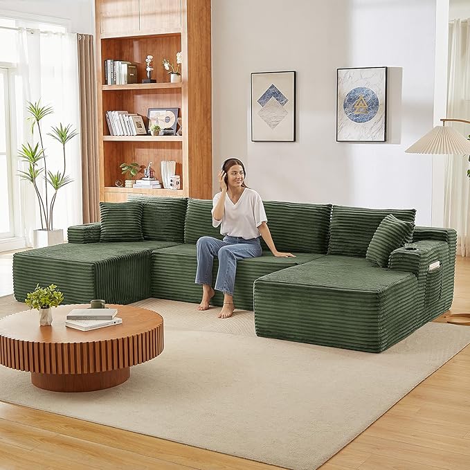 134 Inch U-Shaped Couch Modular Sectional Sofa Oversized Corduroy Boneless Couch with Cup Holder and Storage Pocket 4-Seater Upholstered Cloud Sofa for Living Room No Assembly Required Green