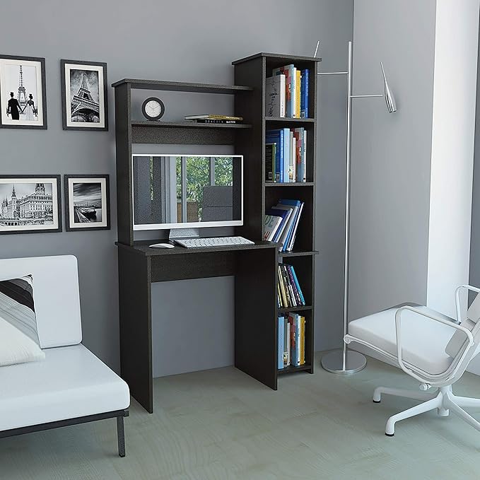Penau Black Wengue 6-Shelf Writing Desk with Built-in Bookcase Modern Study Furniture for Home Office Durable Particle Board Construction