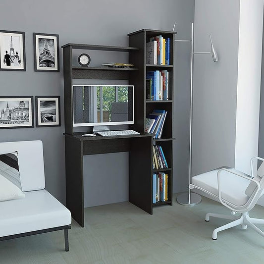Bellemave Computer Desk with Hutch and Bookshelf Home Office Desks with 6 Storage Shelves Writing Study Desk Table Modern Compact Workstation Bookshelf Desk Black
