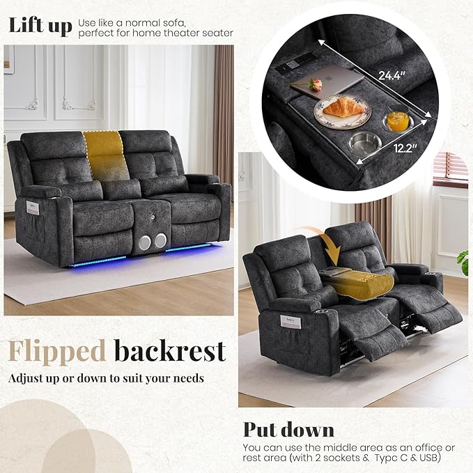 Power Reclining Loveseat Sofa with Bluetooth Function One-Touch Home Theater Seating Couch with LED Light/Console/StorageRV Wall Hugger Double Recliner for Living Room&ampHome Theater(Velvet Gray)