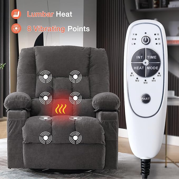 Massage Swivel Recliner Chair with Vibration Massage and Lumbar Heating for AdultsOversized Rocker Recliner Single Sofa with Side PocketTwo Cup Holders and USB Charge Port for Living Room