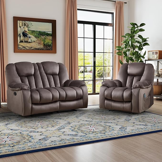 CANMOV Manual Recliner Sofa Set-Soft Fabric Reclining Living Room Sets Single Chair and Love Seating Massage Heated Recliner Couch with Cup HoldersSide Pocket for Adults Elderly Dark Brown