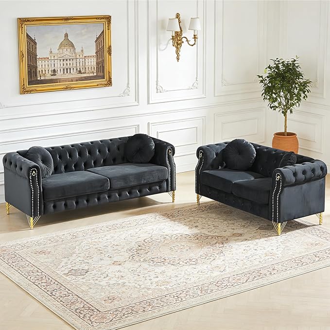 2 Pieces Chesterfield Sofa Set 2 &amp 3 Seater Comfy Tufted Velvet Couch with Rolled Arms &amp Pillows Mid Century Modern Couch and Loveseat Sets Retro Gold Couches Living Room Furniture (Black)