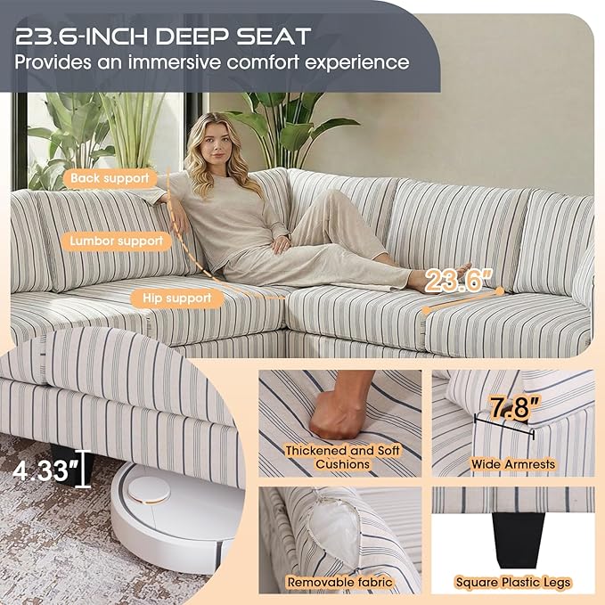 97 5 Seater L Shaped Couch Corner Sofa Oversized Cloud Couch with 2 Pillows Modular Sectional Sofa Armrests with Two Hidden Storage Space Sectional Couches for Living Room Blue Stripe