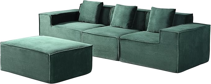 Rowan Convertible Corduroy Sectional Couch with Ottoman &amp Pillows Modular L Shaped Sleeper Sofa Boneless Cloud Couch for Living Room Furniture Dark Green