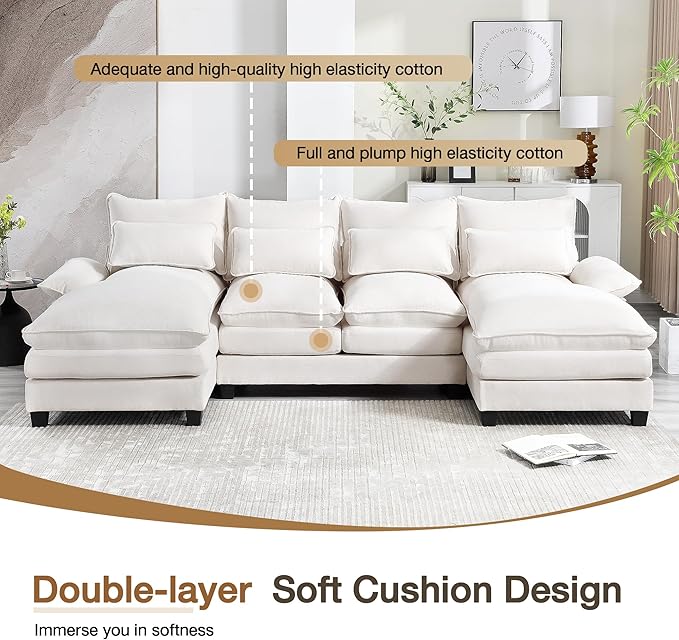 110.2 Modular U Shaped Cloud Couch Modern 4-Seat Chenille Upholstery Sectional Sofa with Double Chaise &amp Double Layer Cushions Deep Seat Comfy Couch for Living Room Bedroom Apartment Beige