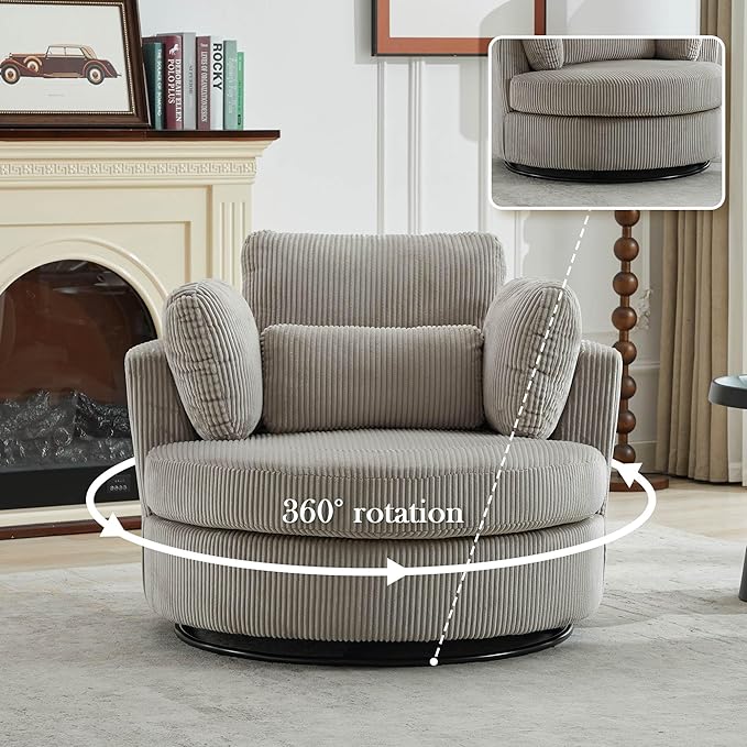 Aoiy &amp Wifon 42 W Oversized Swivel Accent Chair Upholstered Round Barrel Chair Corduroy Light Gray