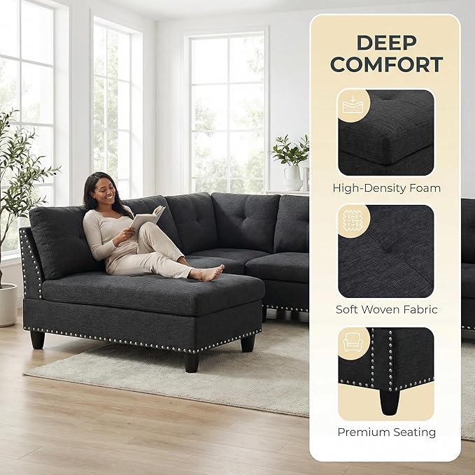 3-Piece L-Shaped Modular Sofa – Convertible Sectional Couch with Movable Chaise &amp Storage Ottoman Multi-Scene Use for Living Room Apartment &amp Office Black Grey