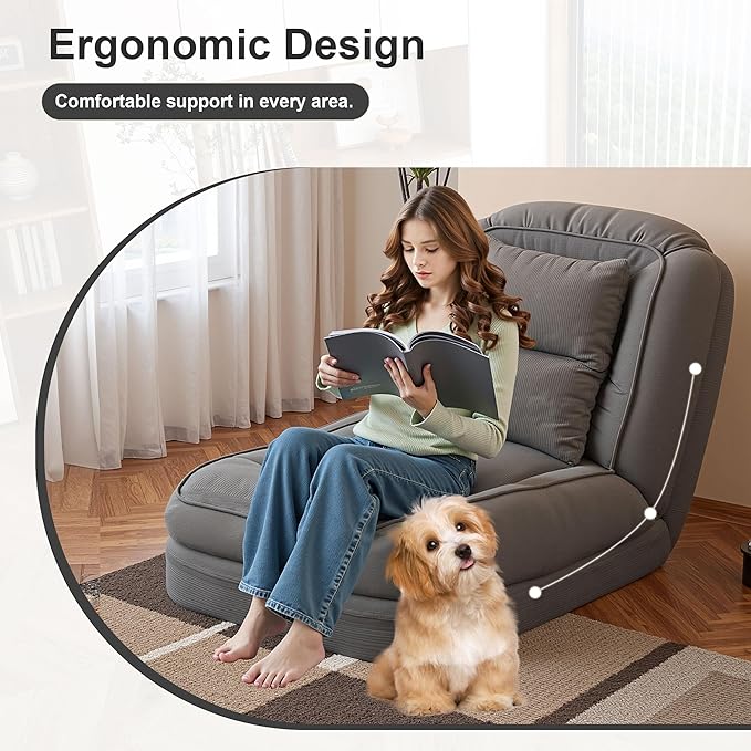 Lazy Sofa Couch 5 Adjustable Position Floor Sofa Fits with 2 Pillows Folding Tatami Lazy Bed Suit to Put in Bedroom Living Room (Gray-2)